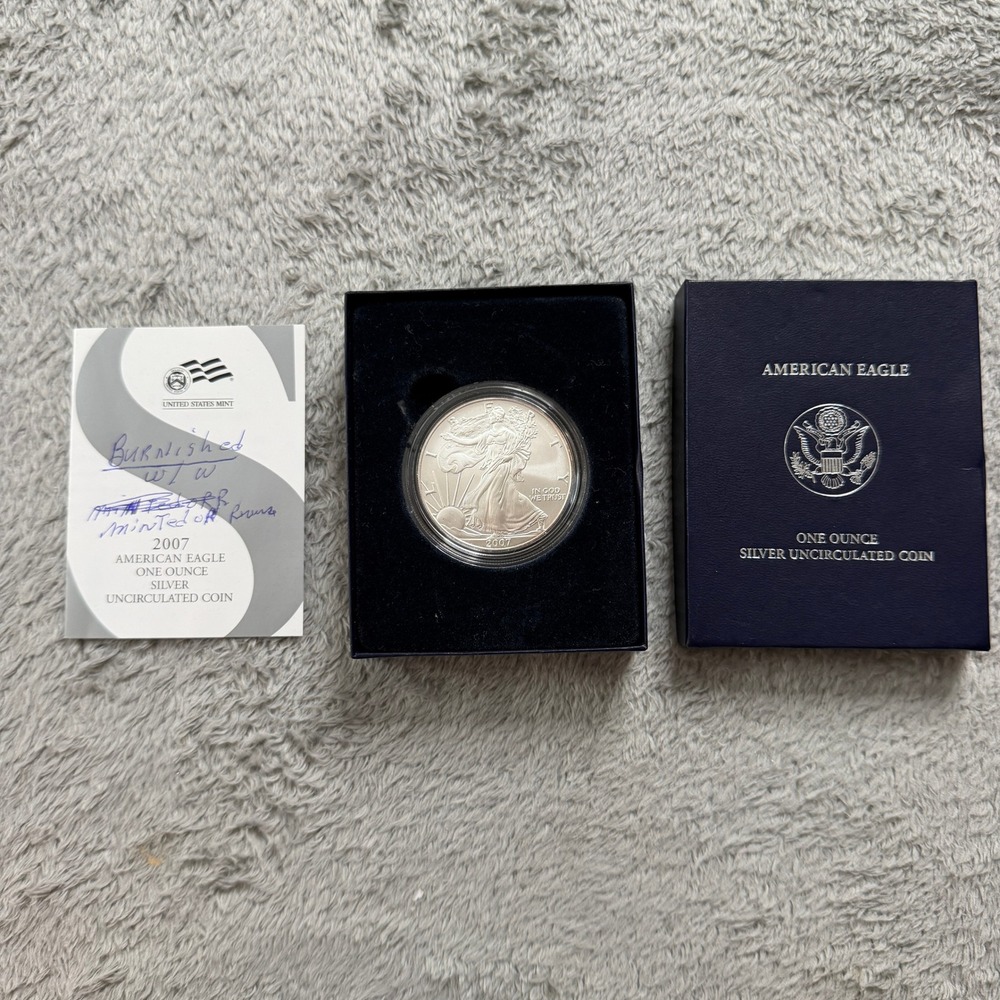 2007 W Burnished American Eagle 1oz Silver Uncirculated Coin w/ Box & COA
